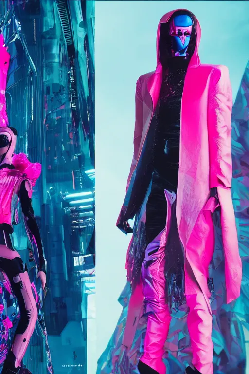 Prompt: an award winning fashion photograph of Balenciaga's fashion week 2049 by Moebius, cyberpunk, futuristic, Bladerunner 2049, dazzle camouflage!!, dayglo pink, dayglo blue, raven black, corporate