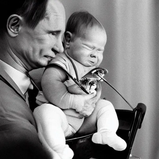 Image similar to Photo of Putin as a fussy crying baby in a high chair tangled up in spaghettis and red sauce