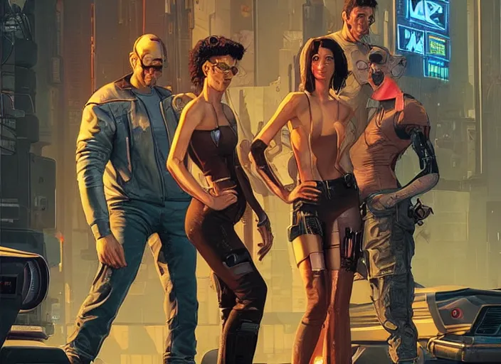 Image similar to cyberpunk heist crew. portrait by stonehouse and mœbius and will eisner and gil elvgren and pixar. character design. realistic proportions. dystopian. cyberpunk 2 0 7 7, apex, blade runner 2 0 4 9 concept art. cel shading. attractive face. thick lines. hi def 4 k. the team.