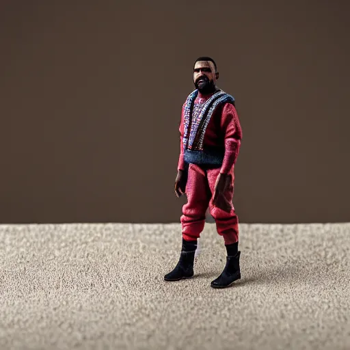 Prompt: macro photo of a miniature ho scale kanye west figure, canon 8 0 d, canon 1 0 0 mm f / 2. 8