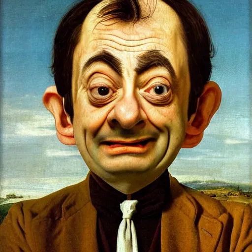 Prompt: A portrait of Mr. bean depicted as a dwarf, renaissance oil painting by Salvador Dali