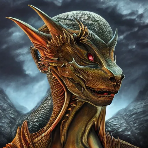 Prompt: portrait of the dragon queen, Dragon in dragon lair, HD, full body dragon concept, flying dragon, Human body with dragon features, beautiful queen, perfect face, ray tracing, 4k realistic 3d rendered portrait, soft shading, soft colors, relaxed colors, hyperdetailed, wide angle lens, fantasy, futuristic horror, armor style of giger