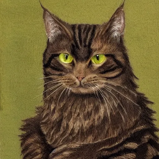 Prompt: a fluffy dark tabby cat with green eyes wearing aristocratic robes in the style of Rembrandt