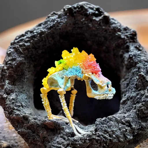 Image similar to photorealistic tiny dinosaur skeleton inside a geode of colored crystals