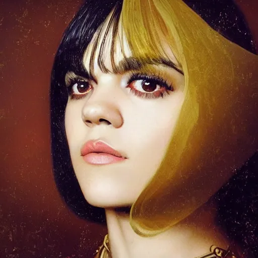 Prompt: a renaissance style painting of the musician bat for lashes fur and gold era