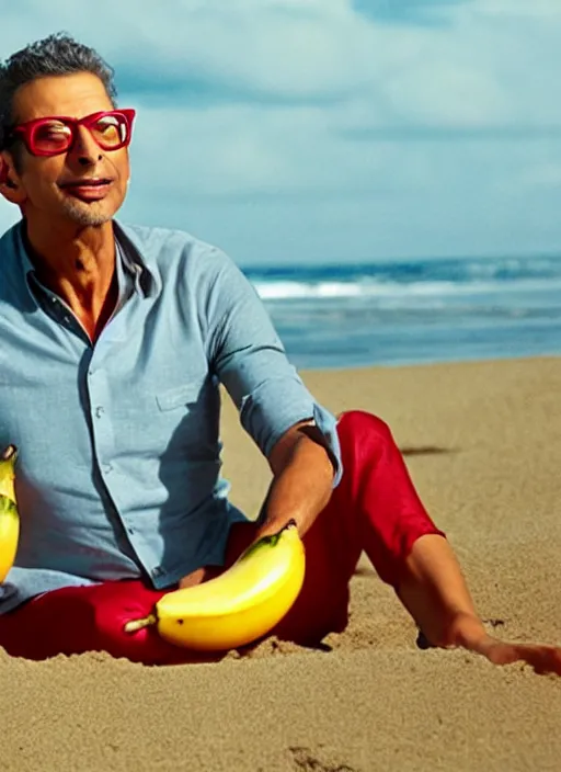 Image similar to jeff goldblum as polymorphic banana tomato raspberry on the sand of a beach