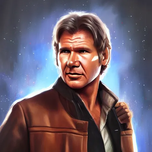 Image similar to old harrison ford as han solo, oil painting, artgerm, portrait, highly detailed, artstation