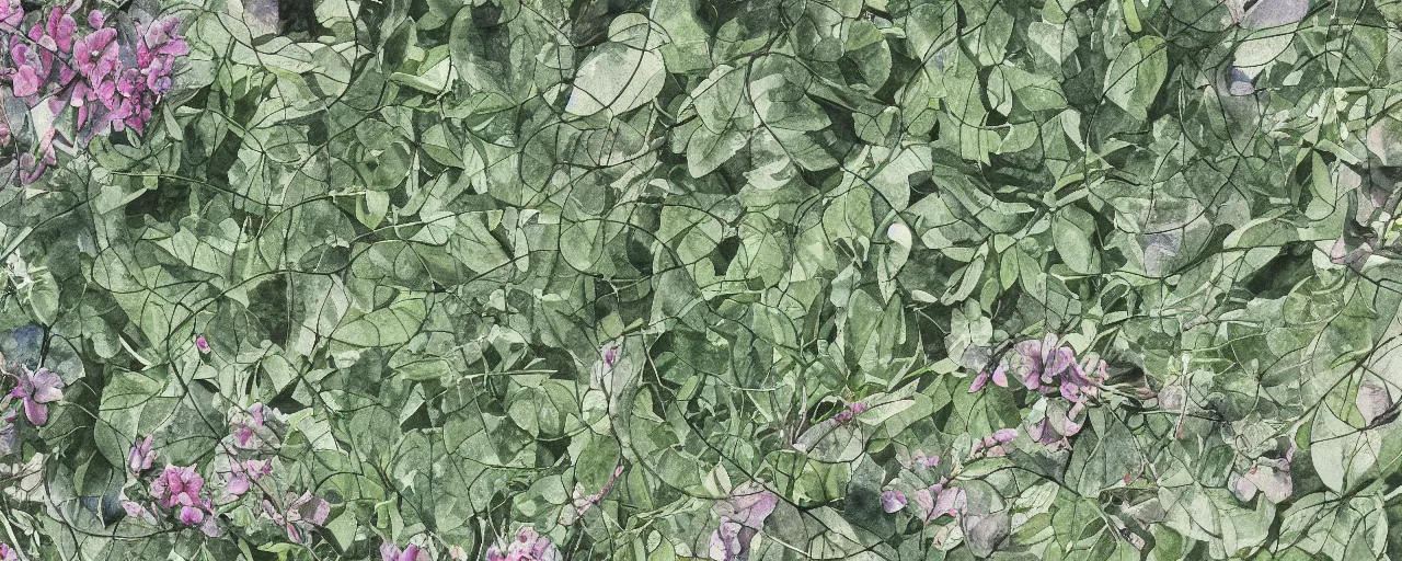 Image similar to drone view, delicate marble in a botanic garden, stony road, on a botanical herbarium paper, watercolor colored painting, iridescent colors, 8 k, realistic shaded, fine details, artstation, italian style, colonnade, vines, flowers, gardena architecture, pompeii