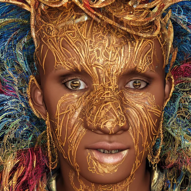 Prompt: hypperrealism octane render portrait by wayne barlow and carlo crivelli and glenn fabry, a huge massive crowd of african dancers wearing elaborate costumes made out colorful shiny thin foil strips and hand - carved mask with intricate painted details in a beautiful african savanah, cinema 4 d, ray traced lighting, very short depth of field, bokeh