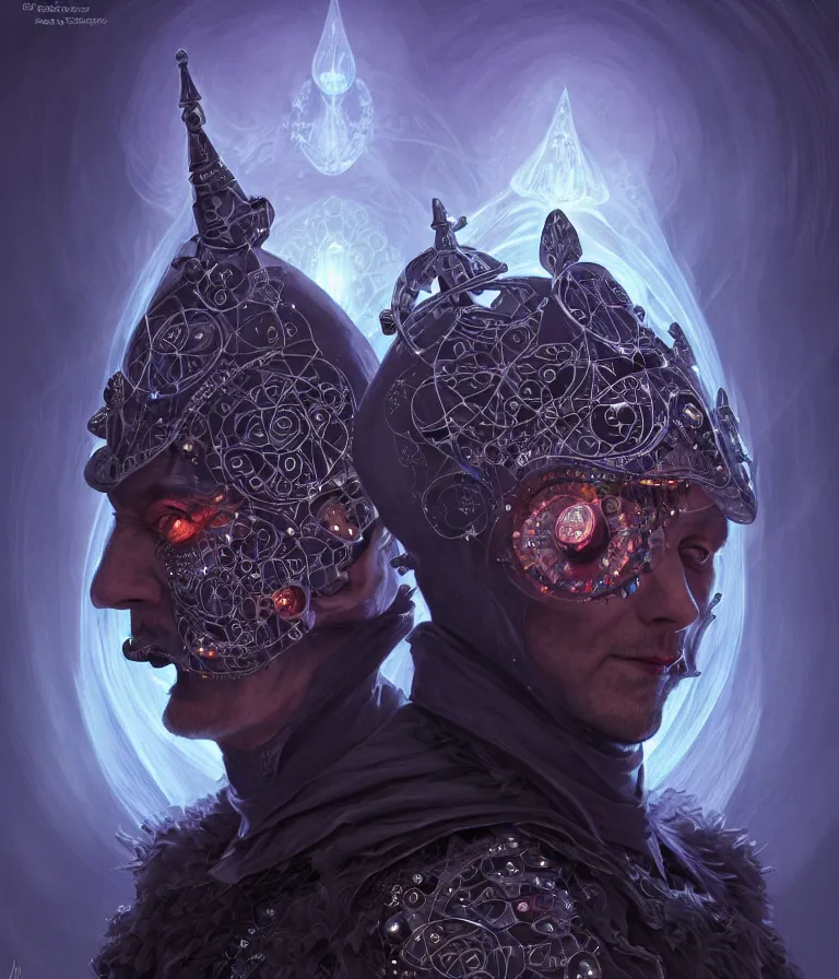 Image similar to front!!! shot of a court jester!!! character, hyperdimensional, bioluminescent hypercubes, dark holography!!!, future, chrome, (((intricate))), elegant, highly detailed, centered, (((artstation, concept art, smooth, sharp focus, artgerm, Tomasz Alen Kopera, Peter Mohrbacher, donato giancola, Joseph Christian Leyendecker, WLOP, Boris Vallejo))), ((raytracing)), mugshot!!!!!, ugly!!!!!!, octane render, nvidia raytracing demo, octane render, nvidia raytracing demo, octane render, nvidia raytracing demo, grainy, muted, 8K, digitalblasphemy, metatron