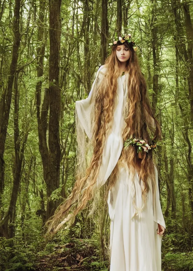 Image similar to young beautiful fey druid woman, full body portrait, long white hair, flower crown, long dark green robes, intricate, standing in a dark forest, sunbeams shining down, high fantasy, romanticism