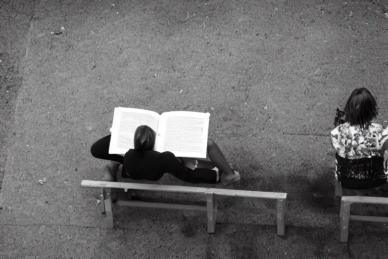 Image similar to A photograph of two benches in a clearing, a woman sitting on one of the benches reading a book, looking down from above,black and white photo.ISO200,F4.5,80mm,1/30,Nikon D3.