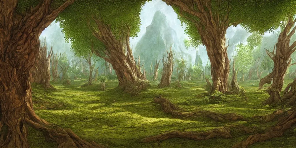 Image similar to Artwork by John Howe of the cinematic view of The Wood of Mirage, a Forest, within which can be found a mucid manor.