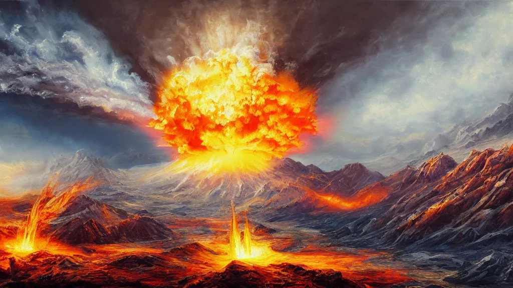 Prompt: a nuclear explosion in a mountain range, highly detailed oil painting, epic fantasy art, abstraction, masterpeice, 8k