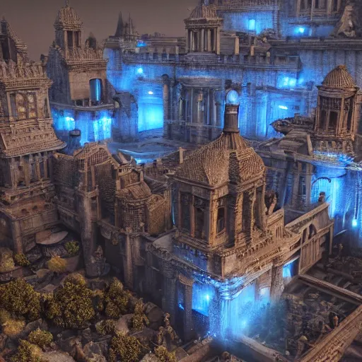 Image similar to dark fantasy, ruined city with palace made out of blue quartz in the middle, cinematic, ultrarealistic, intricate detail, finely detailed, small details, extra detail, high resolution, volumetric lighting, octane render, 8 k, ultradetailed, photorealistic