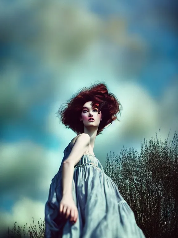 Image similar to cinestill 5 0 d photography of a woman lucy rosiek 3 / 4 style of paolo roversi, dress in voile, hair like puffy dark clouds, matt colours, soft blur outdoor background, volumetric lighting, hyperdetailed, hyperrealistic