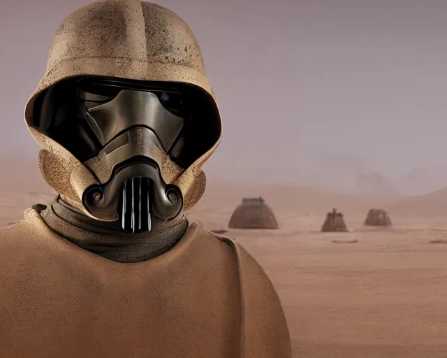 Prompt: star wars film still, closeup portrait of a dirty sand trooper wearing a hooded cloak, standing in a cantina, dust, scum and villainy, rim light, embers, hyper detailed, smooth, high contrast, concept art, gta v, volumetric lighting, ralph mcquarrie, doug chiang, ryan church