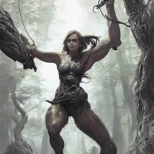 Prompt: portait of a very muscled emma watson swinging her long sword forest monster, front game card, drark, marvel comics, dark, intricate, highly detailed, smooth, artstation, digital illustration by ruan jia and mandy jurgens and artgerm and wayne barlowe and greg rutkowski and zdislav beksinski