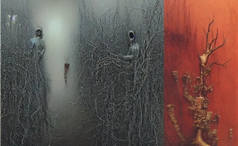 Prompt: A painting called life and death merge together, concept art by Beksinski, omnious, hihgly detailed,