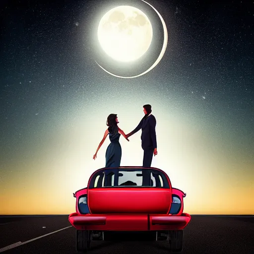 Image similar to couple on a car riding towards the moon, space, cinematic lighting, smooth, vintage, 8 0 s style