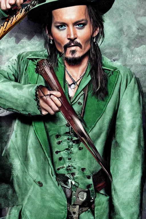 Image similar to Breathtaking comic book style of Johny Depp portrayed as a Dungeons and Dragons bard, playing the lute and wearing a pale green jacket in the style of Ralph Dorsey