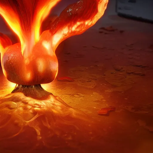 Image similar to a mushroom made out of fire, melting, dripping, gooey, swirling flames, unreal engine