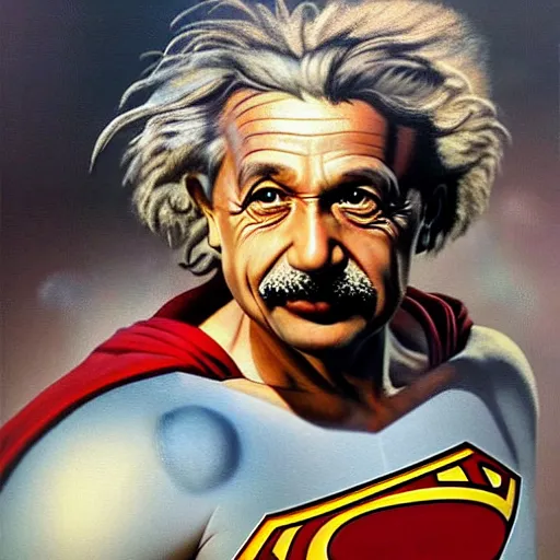 Image similar to ultra realistic portrait painting of albert einstein as superman, art by frank frazetta, 4 k, ultra realistic, highly detailed, epic lighting