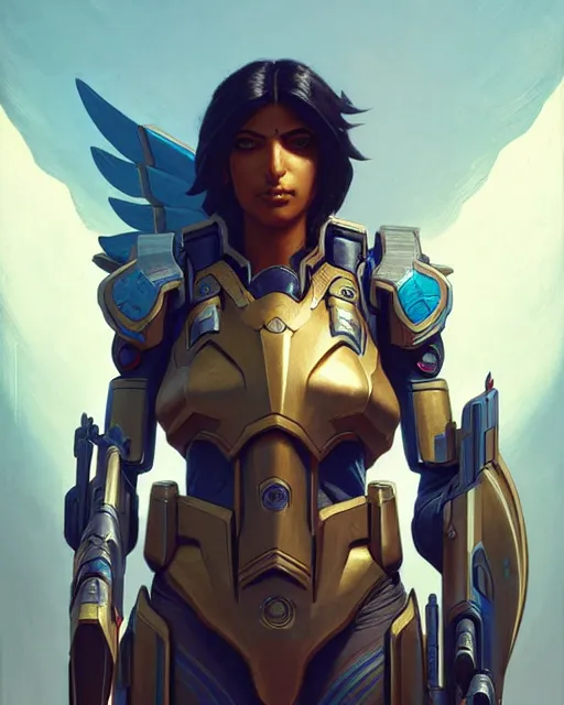 Image similar to pharah from overwatch, character portrait, concept art, intricate details, highly detailed by greg rutkowski, michael whelan and gustave dore