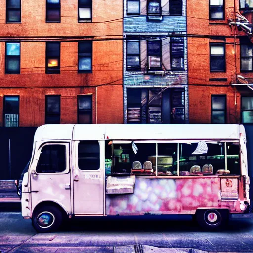 Prompt: tilt - shift photography of ice cream trucks in front of brooklyn tenement buildings at night, steam vents, vaporwave