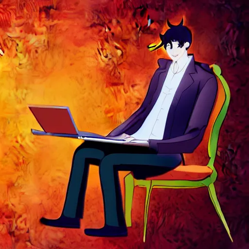 Image similar to a demon programmer gentleman ~ using a laptop ~ lava background ~ digital art ~ two horns ~ sitting on a chair ~