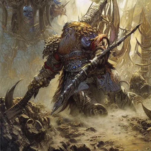 Prompt: art by donato giancola and bayard wu and gustav moreau and wayne barlowe, a fantasy cinematic shot of a dwarf berserker, fighting, warhammer, dnd, fighting monsters,