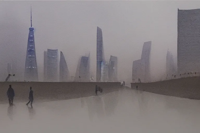 Image similar to A watercolor depicting an empty Lujiazui, gloomy weather, high contrast, smooth, by Joseph Zbikowicz, 8k