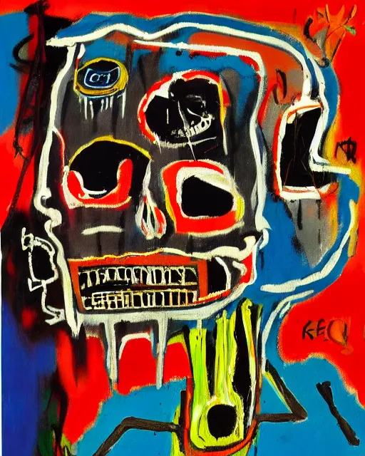 Image similar to oil neo expressionism painting of skull skeleton playing video games by basquiat