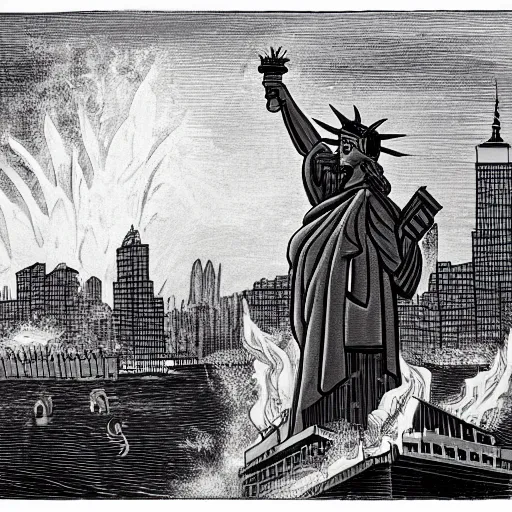 Image similar to statue of liberty attacking new york, chaos, fire