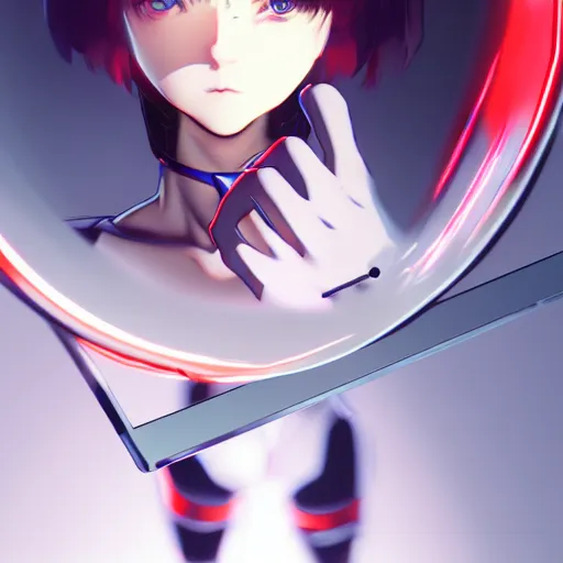 Image similar to digital anime, cyborg - girl breaking a mirror, mechanical insides, reflections, wlop, ilya kuvshinov, artgerm