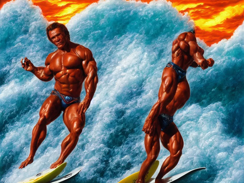 Image similar to detailed portrait of an arnold schwarzenegger surfing on lava wave by boris vallejo, stunning scene, 8 k, digital painting, hyperrealism, bright colors, trending on artstation