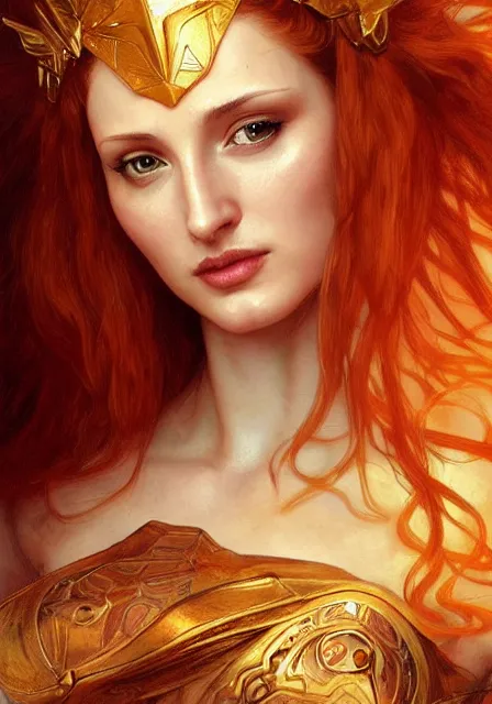 Image similar to sansa angeline jolie gessica chastain mummy fire goddess of war, intricate, elegant, highly detailed, digital painting, artstation, concept art, smooth, sharp focus, illustration, art by artgerm and greg rutkowski and alphonse mucha and william - adolphe bouguereau