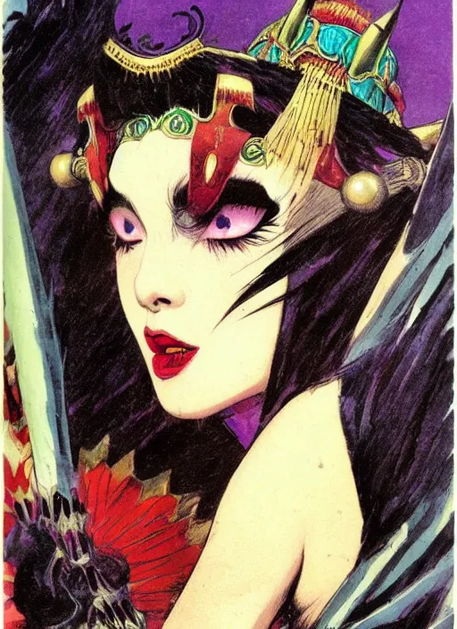 Image similar to mighty female korean vampiress, jeweled headdress, heavy mascara, strong line, saturated color, beautiful! coherent! by frank frazetta, high contrast, minimalism