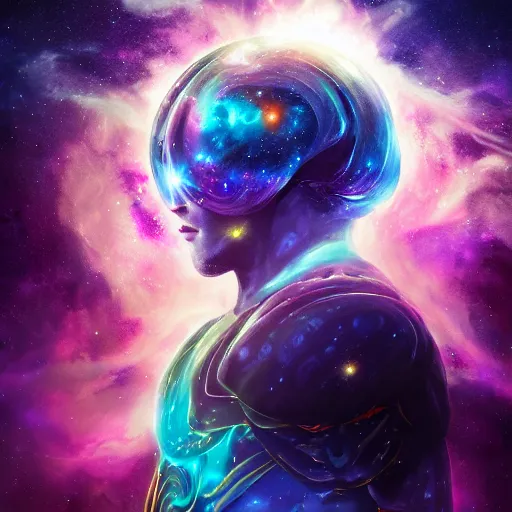 Image similar to photorealistic fantasy cosmic concept art of a cosmic nebula God in dark matter armor hovering in a unknown galaxy, fully body portrait, cinematic, dynamic lighting, ultra detailed, creative, trending on art station