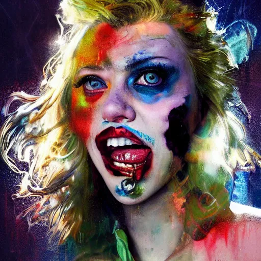 Image similar to drunken scarlett johansson as delirium from sandman, ( hallucinating colorful soap bubbles ), by jeremy mann, by sandra chevrier, by dave mckean and richard avedon and maciej kuciara, punk rock, tank girl, high detailed, one green eye and one blue eye, 8 k