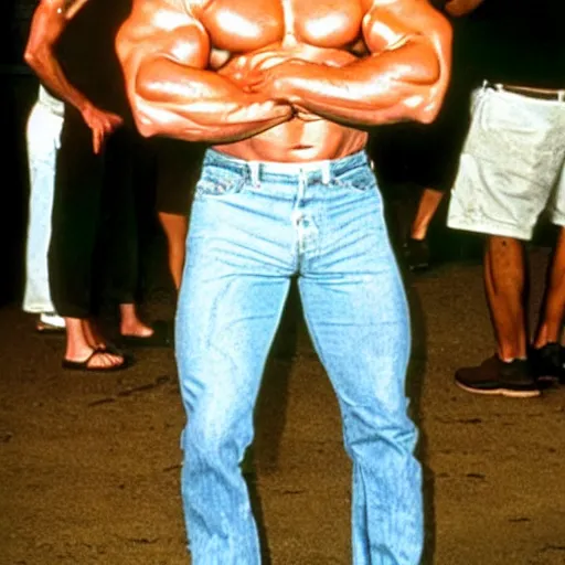 Prompt: Arnold Schwarzenegger looking tall and skinny