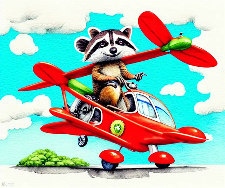 Image similar to cute and funny, racoon riding in a tiny airplane with oversized engines, ratfink style by ed roth, centered award winning watercolor pen illustration, isometric illustration by chihiro iwasaki, edited by range murata, tiny details by artgerm and watercolor girl, symmetrically isometrically centered