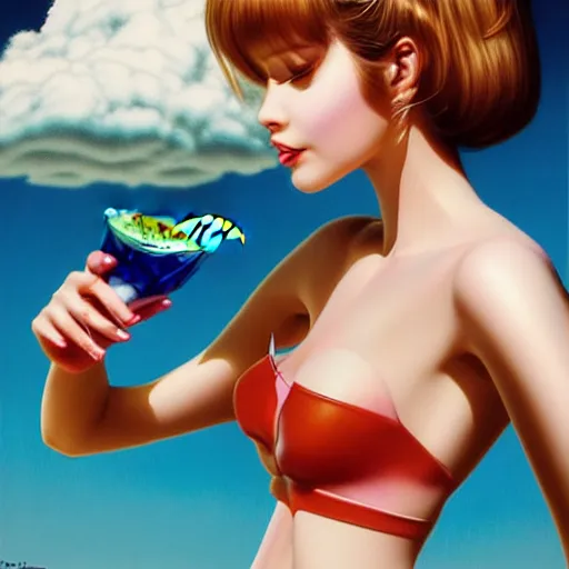 Image similar to a cute girl eating icecreen, long drinks by laura rigo, clouds, blue sky art by peter lloyd, 1 9 8 0's art, airbrush style, art by hajime sorayama,, intricate, elegant, sharp focus, illustration, highly detailed, concept art, matte, sharp focus, illustration, highly detailed, 6 4 0