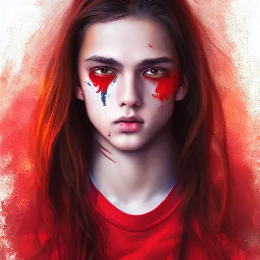 Image similar to colorful and festive captivating teenager with straight brown hair covering his eye, dark skin, big lips, big eyes, wearing a red t - shirt. rich vivid colors, ambient lighting, dynamic lighting, 4 k, atmospheric lighting, painted, intricate, highly detailed by charlie bowater