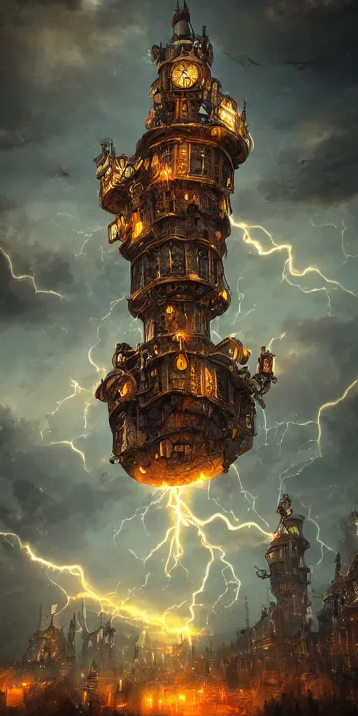 Image similar to Huge flying castle, steampunk digital art, dramatic lightning, trending on artstation, epic composition