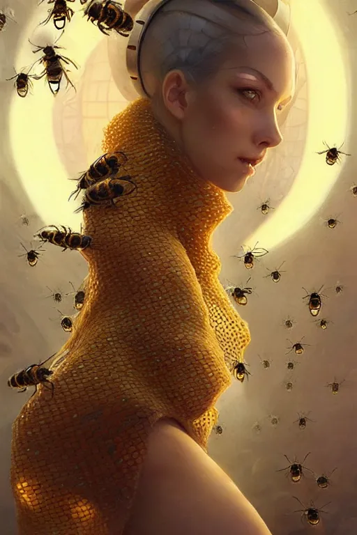 Prompt: fantasy beekeeper, stunning woman, wearing nanotech honeycomb robe, silky, surrounded by bees, futuristic, sci-fi, cinematic, greg rutkowski, peter mohrbacher