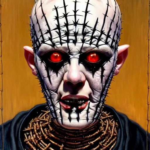 Prompt: portrait of pinhead from hellraiser. demonic cenobite. barbed wire face, blood. oil painting by lucian freud. path traced, highly detailed, high quality, j. c. leyendecker, drew struzan tomasz alen kopera, peter mohrbacher, donato giancola