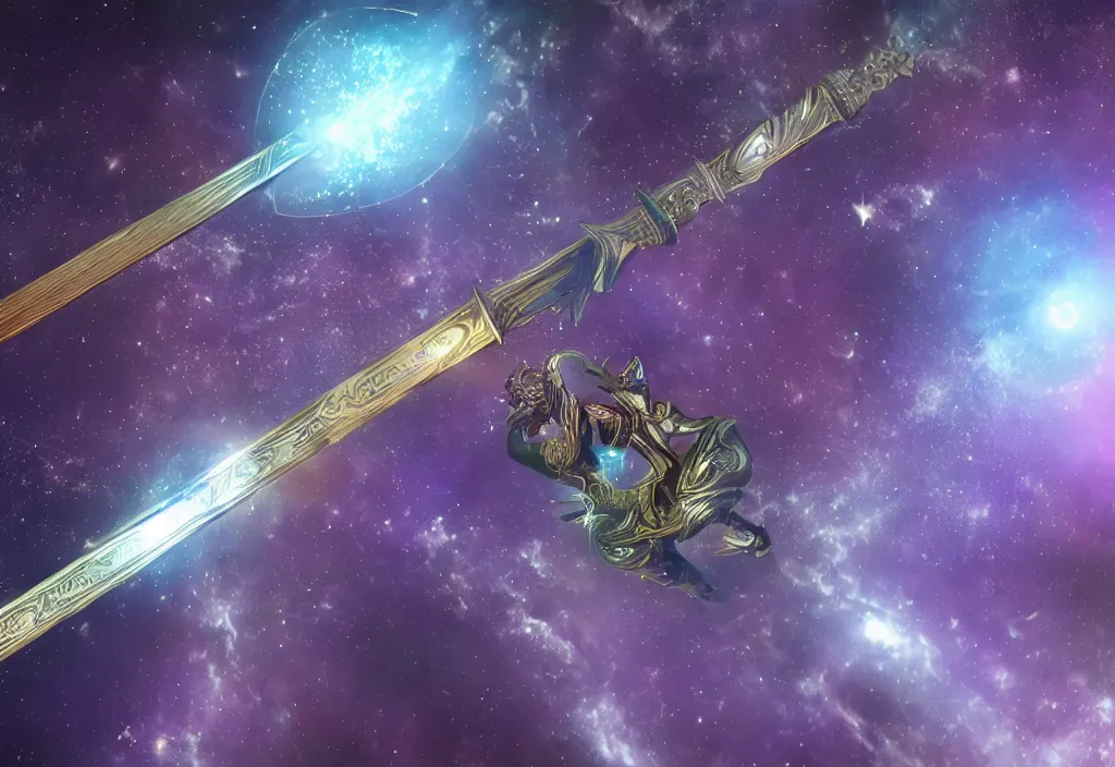 Prompt: a holographic angerl with a metal sacred sword floating in space reflecting the universe, intricate unreal engine 5 creation