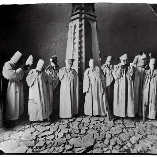 Prompt: worshippers dressed in robes belonging to the cult of the windmill. Dilapidated 1800s windmill. 1800s photo. Very detailed and clear image.