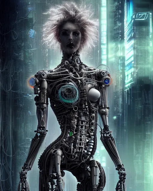 Image similar to portrait photo of an aesthetic biomechanical cyborg plugged into a quantum computer with cables and wires and optic fibers. cyberpunk horror style. art by luis royo. highly detailed 8 k. intricate. nikon d 8 5 0 5 5 mm. award winning photography.